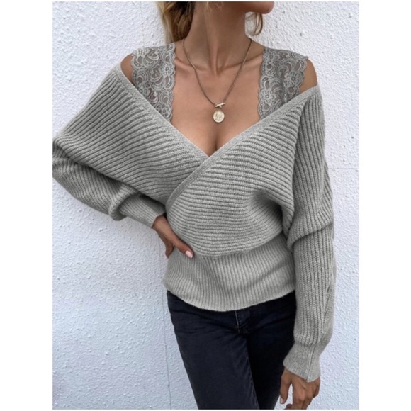 Cozy Floral Lace Knit Sweater Top Cold Shoulder Minimalist - Picture 4 of 11